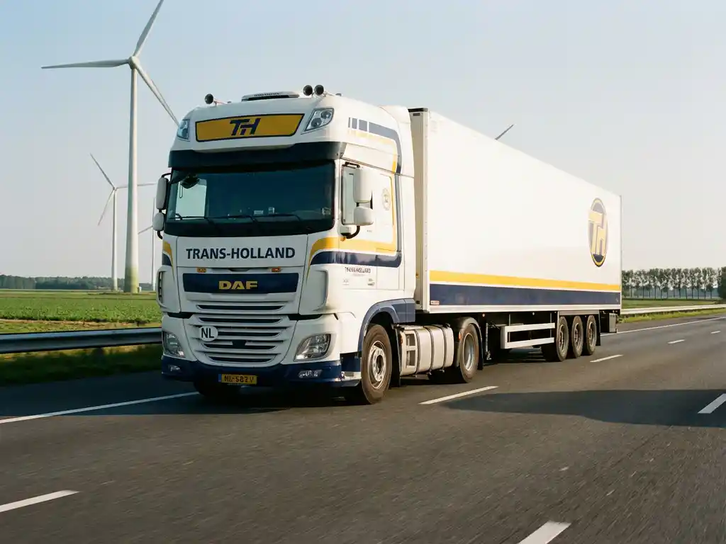 Grote vrachtwagen met witte cabine en blauw-gele trailer rijdt over Nederlandse snelweg met windmolens op achtergrond