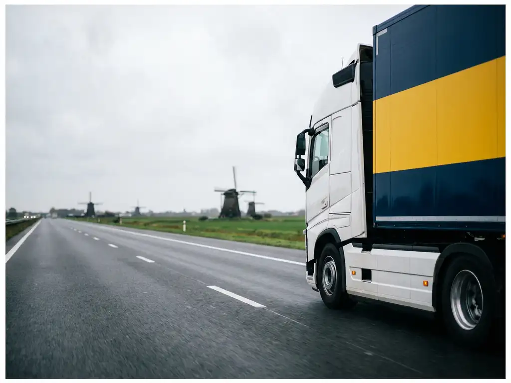 Witte vrachtwagen met marine blauwe en gele strepen rijdt over Nederlandse snelweg met windmolens op achtergrond