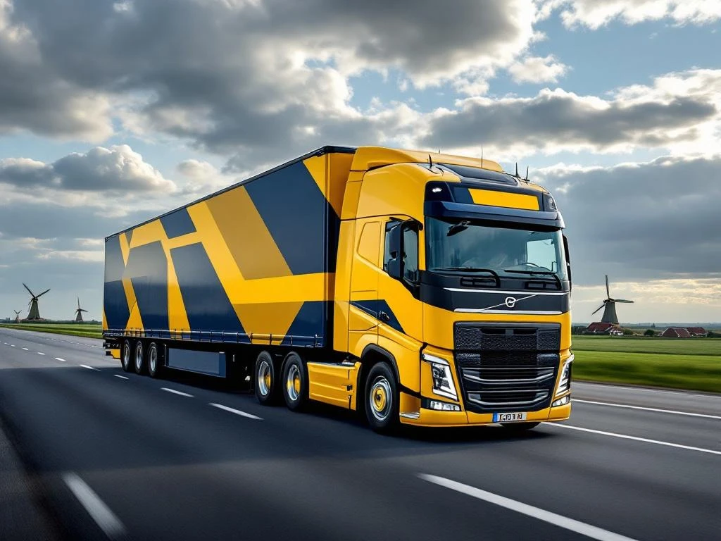 Moderne vrachtwagen met marineblauw en geel gestreepte trailer rijdt over Nederlandse snelweg met windmolens op achtergrond