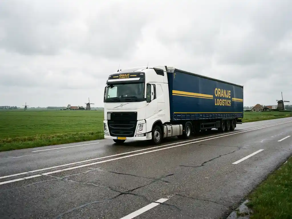 Witte vrachtwagen met donkerblauwe trailer rijdt over Nederlandse snelweg met windmolens en groene polders op achtergrond