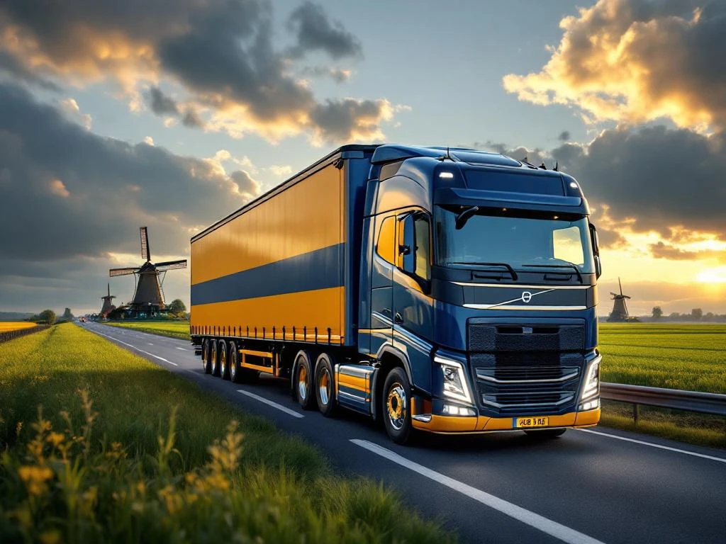 Glanzende vrachtwagen met marineblauw en geel trailer rijdt door Nederlands landschap met molens en groene velden