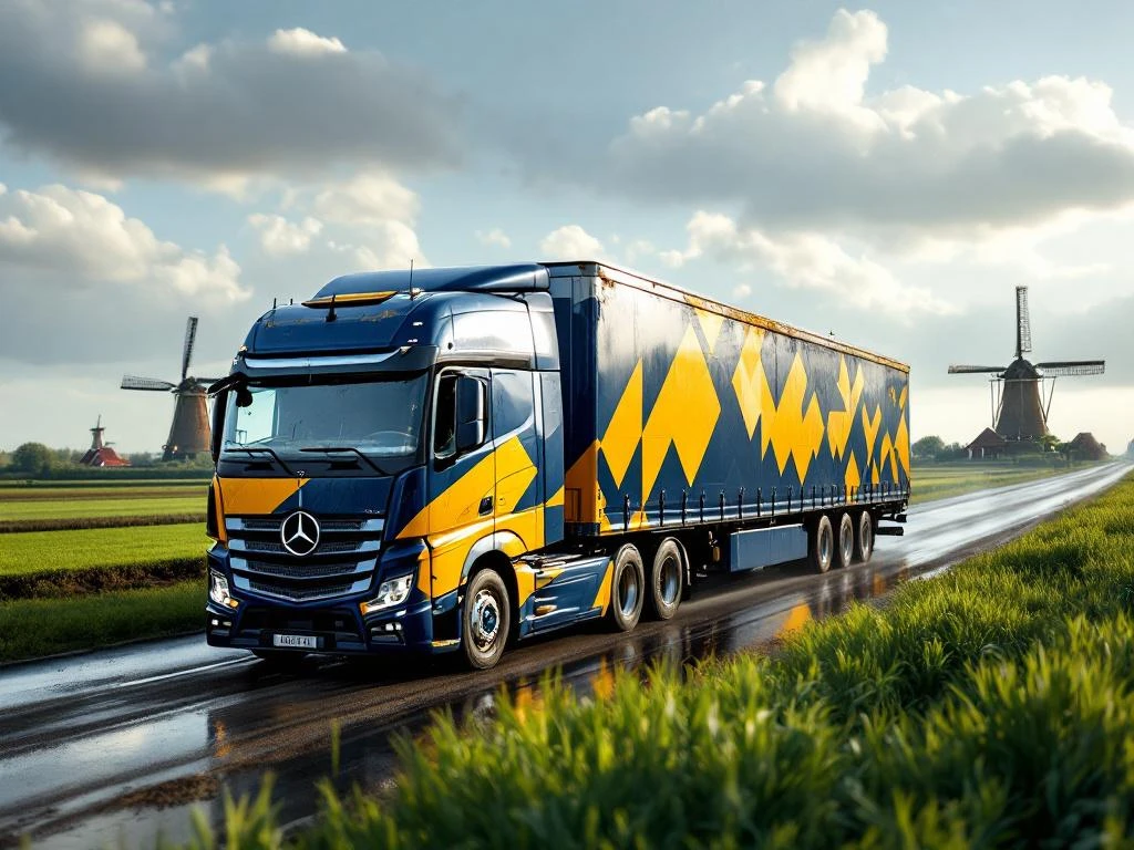 Vrachtwagen met marineblauw en geel trailer rijdt door Nederlands landschap met windmolens en groene velden