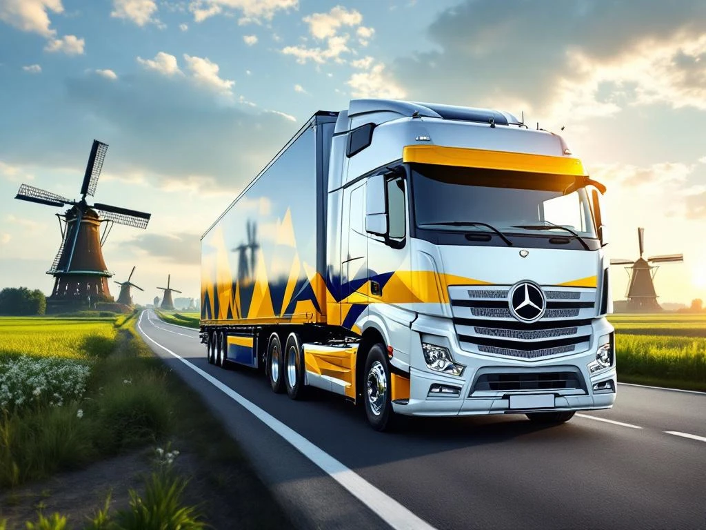 Witte vrachtwagen met navy-gele trailer rijdt over Nederlandse snelweg met windmolens en groene polders