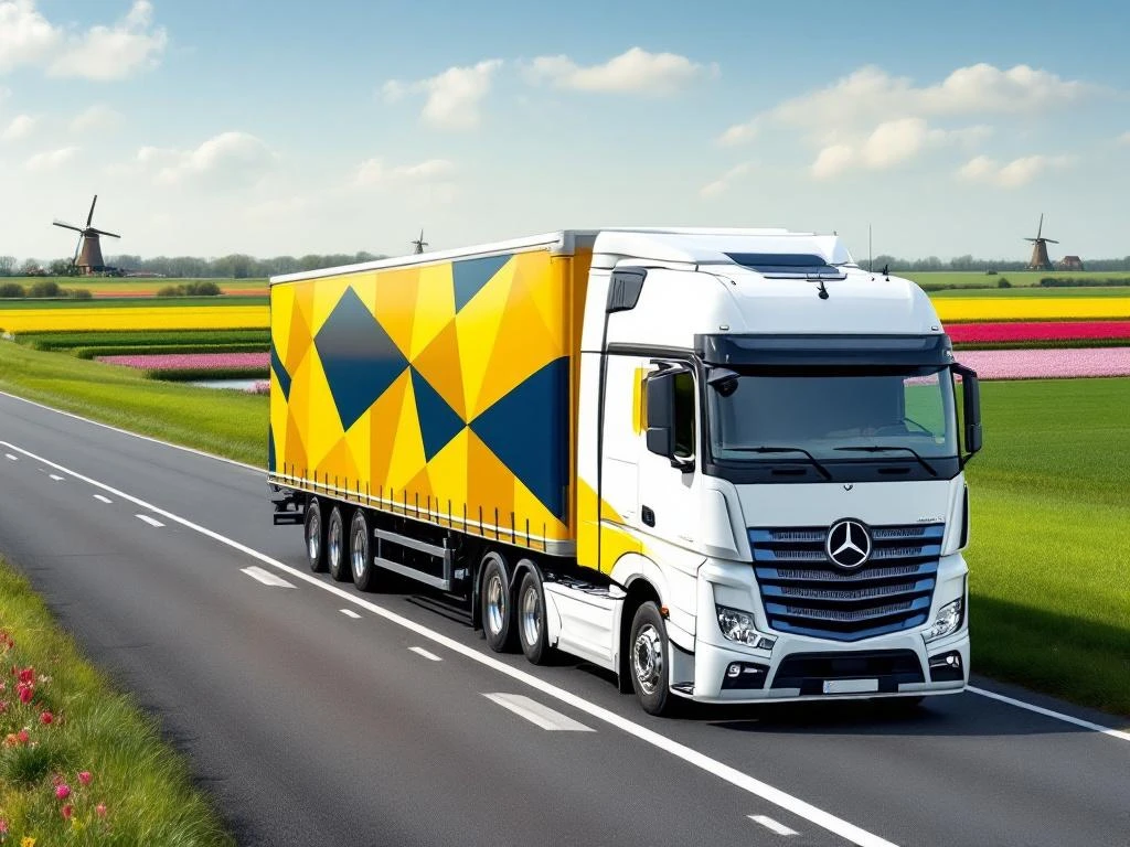 Witte vrachtwagen met marineblauw-gele oplegger rijdt over Nederlandse snelweg met windmolens en groene polders