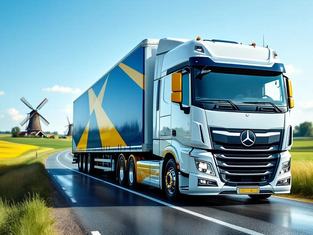 Witte vrachtwagen met blauwe en gele oplegger rijdt door Nederlands landschap met windmolens en groene velden