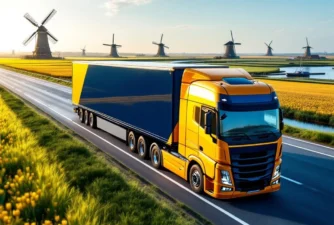 Vrachtwagen met marineblauw en geel gestreepte oplegger rijdt over Nederlandse snelweg langs windmolens en polders