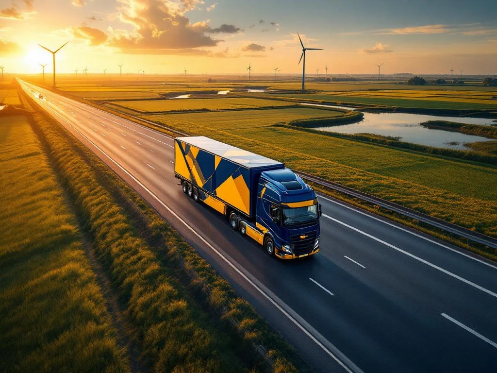 Vrachtwagen met marineblauw en geel trailer rijdt over Nederlandse snelweg met windmolens en groene velden