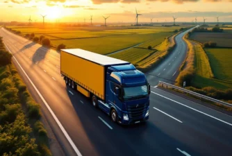 Moderne vrachtwagen met marineblauw en goudgeel trailer rijdt over Nederlandse snelweg door polderlandschap met windmolens