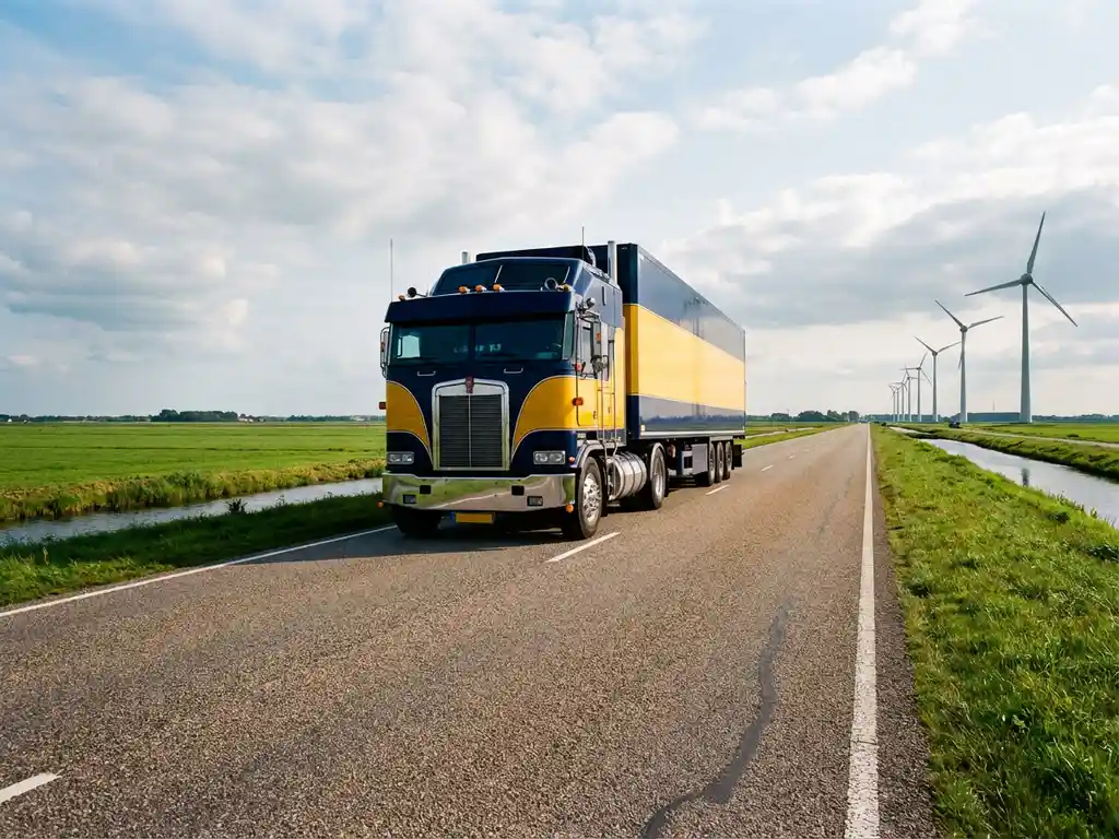 Vrachtwagen met marineblauw-gele trailer rijdt over Nederlandse snelweg door polderlandschap met windmolens op horizon