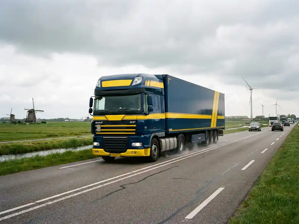 Grote vrachtwagen met donkerblauwe trailer rijdt over Nederlandse snelweg met groene velden en windmolens op achtergrond