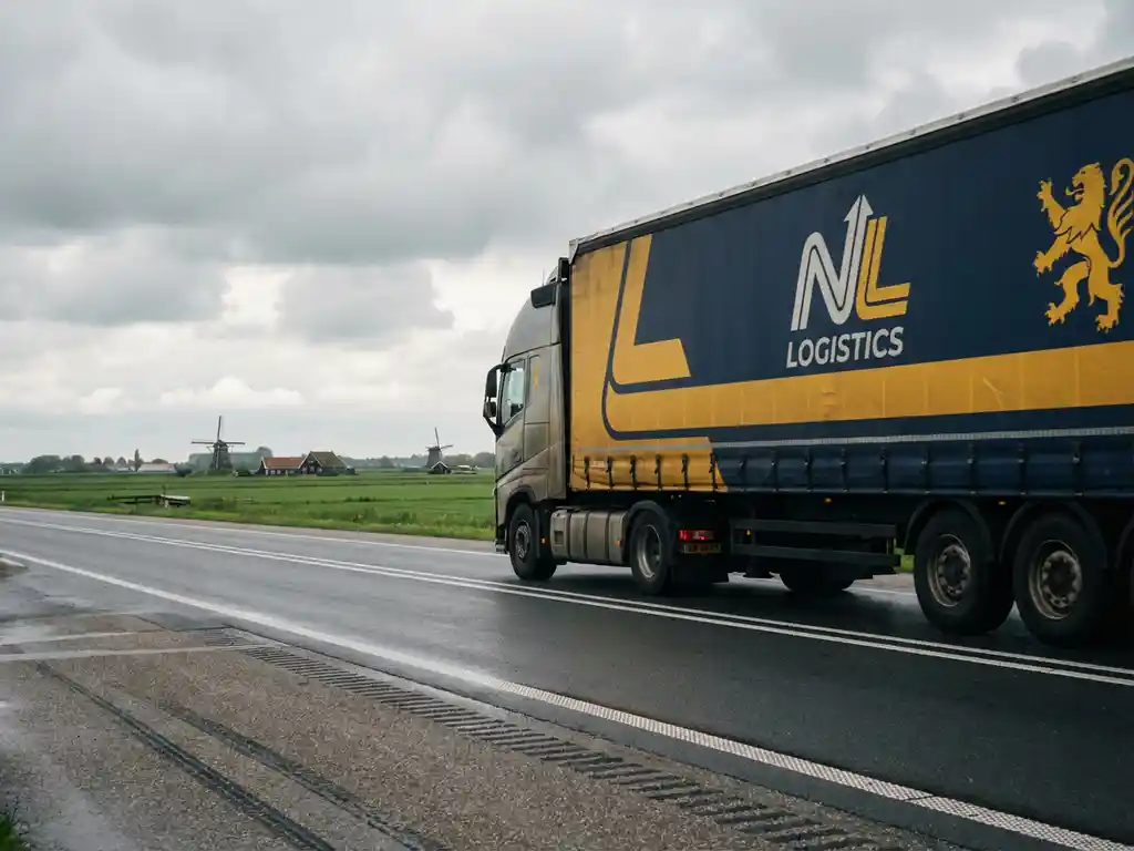 Grote vrachtwagen met marineblauw en goudgeel logo rijdt over Nederlandse snelweg door landschap met windmolens