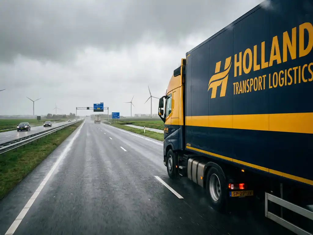 Commerciële vrachtwagen met marineblauw en gele kleuren rijdt over Nederlandse snelweg met groene velden en windmolens