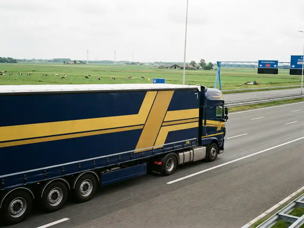Grote vrachtwagen met donkerblauwe trailer en gele accenten rijdt over Nederlandse snelweg door groene polderlandschap