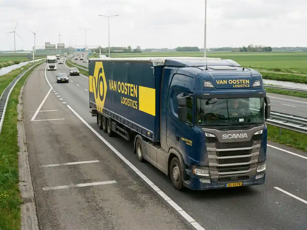 Grote vrachtwagen met marineblauw en gele bedrijfskleuren rijdt over Nederlandse snelweg door groen landschap