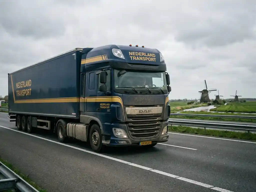 Grote vrachtwagen in marineblauw en geel rijdt over Nederlandse snelweg met windmolens op de achtergrond
