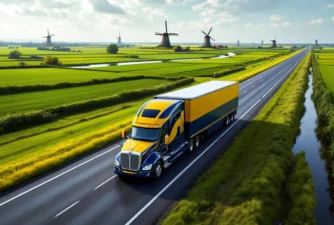 Moderne vrachtwagen in marineblauw en goudgeel rijdt over Nederlandse snelweg door polders met windmolens op achtergrond