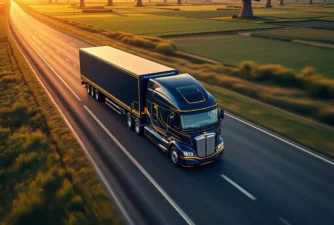 Moderne vrachtwagen met marine blauwe trailer rijdt op Nederlandse snelweg met windmolens en groene polders bij zonsondergang