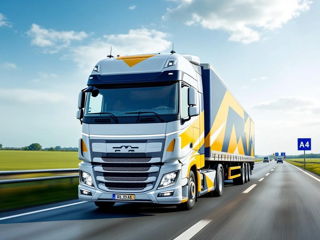 Witte vrachtwagen met marineblauw-gele trailer rijdt over Nederlandse A4 snelweg door groene landschap