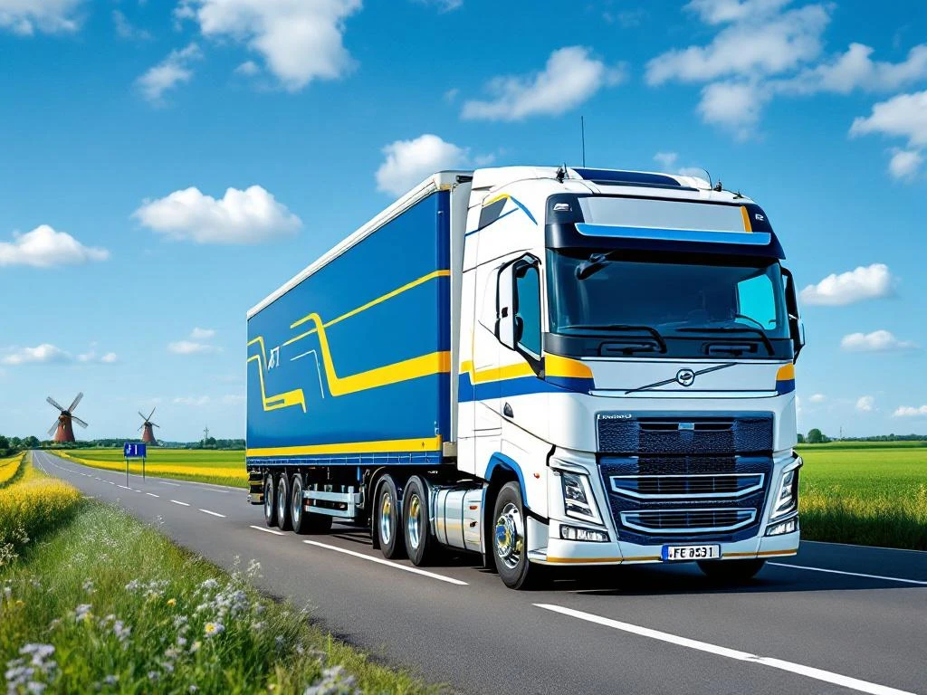 Witte vrachtwagen met geel-blauwe trailer rijdt over Nederlandse snelweg A31 langs groene velden en windmolens