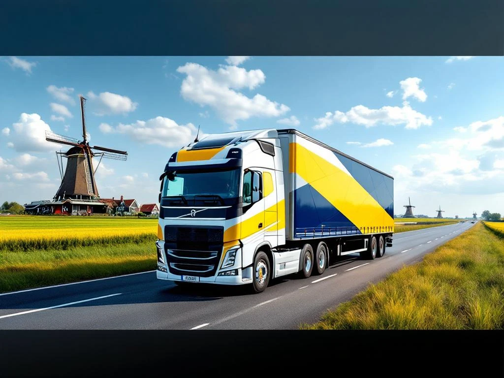 Witte vrachtwagen met marineblauw-gele trailer rijdt over Nederlandse snelweg met windmolens en groene velden op achtergrond