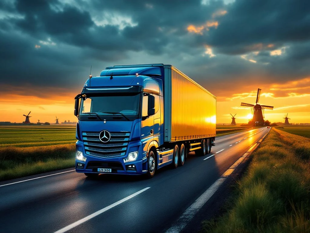 Blauwe en gele vrachtwagen rijdt over Nederlandse snelweg met windmolens en groene velden op de achtergrond