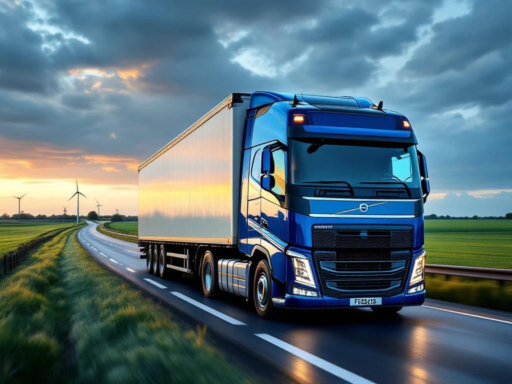 Schone vrachtwagen met oplegger rijdt over Nederlandse snelweg met groene velden en windmolens op achtergrond