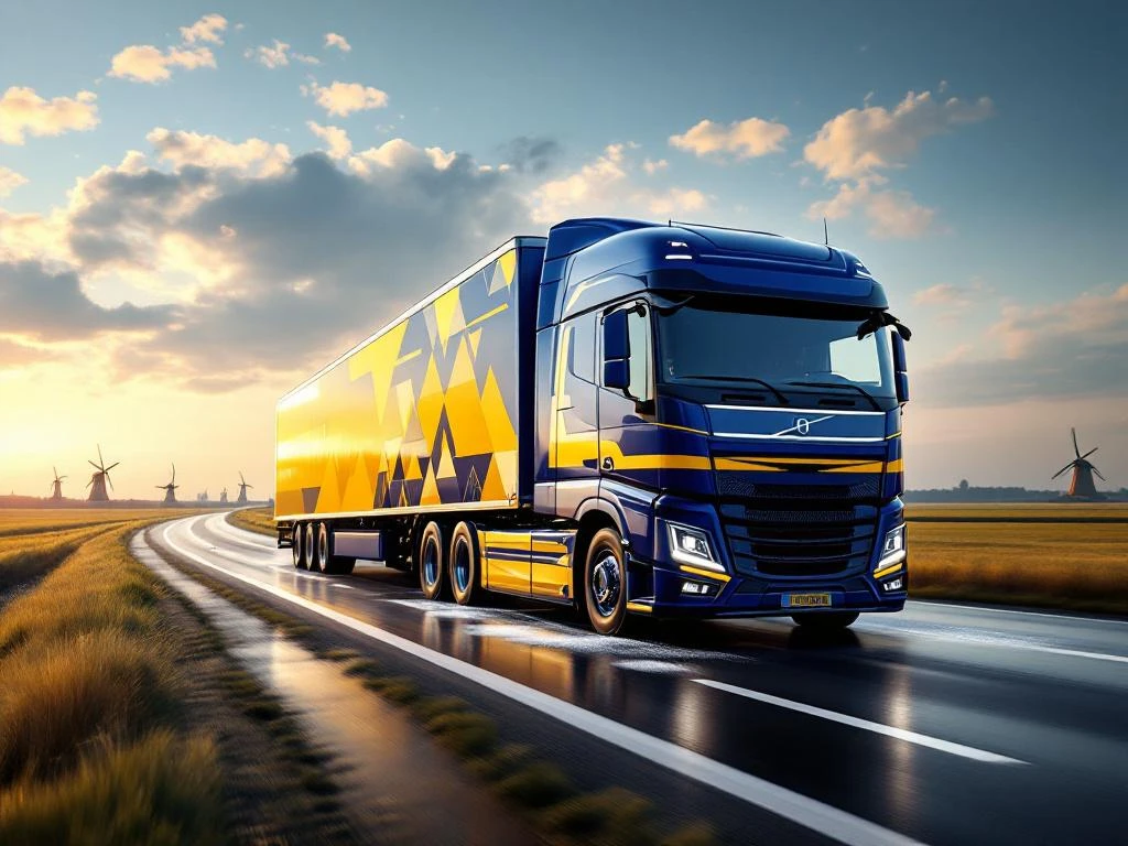 Moderne vrachtwagen met marineblauw en geel geometrisch patroon rijdt op Nederlandse snelweg met windmolens op achtergrond