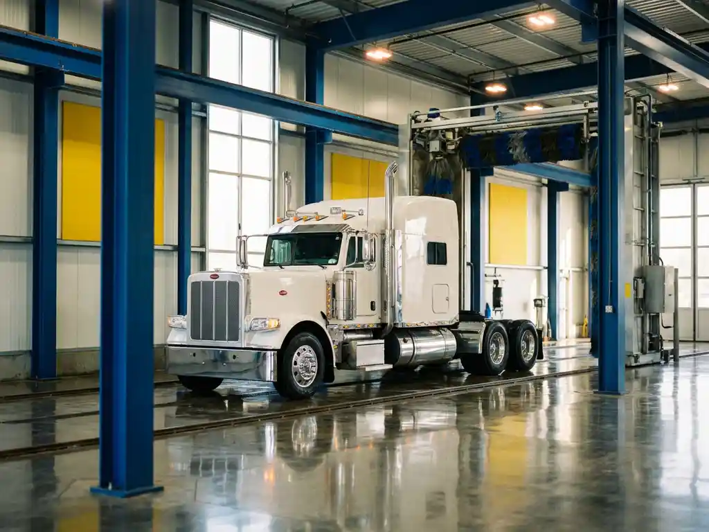 Witte vrachtwagen met chromen details in professionele wasstraat met moderne apparatuur en heldere industriële verlichting