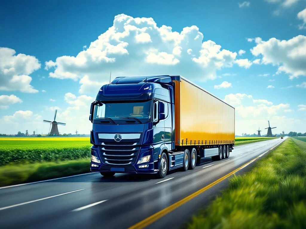 Glanzende vrachtwagen met marineblauw-gele trailer rijdt over Nederlandse snelweg door landschap met molens