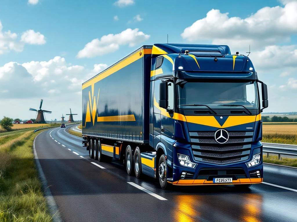 Schone vrachtwagen in marineblauw en geel rijdt over Nederlandse snelweg met windmolens op achtergrond
