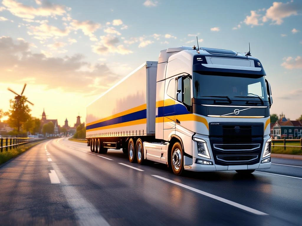 Witte vrachtwagen met blauwe en gele strepen rijdt over Nederlandse snelweg met Amsterdamse grachtenhuizen op achtergrond