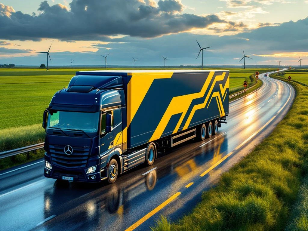 Grote vrachtwagen met marineblauw en geel gestreepte trailer rijdt door Nederlands landschap met windmolens