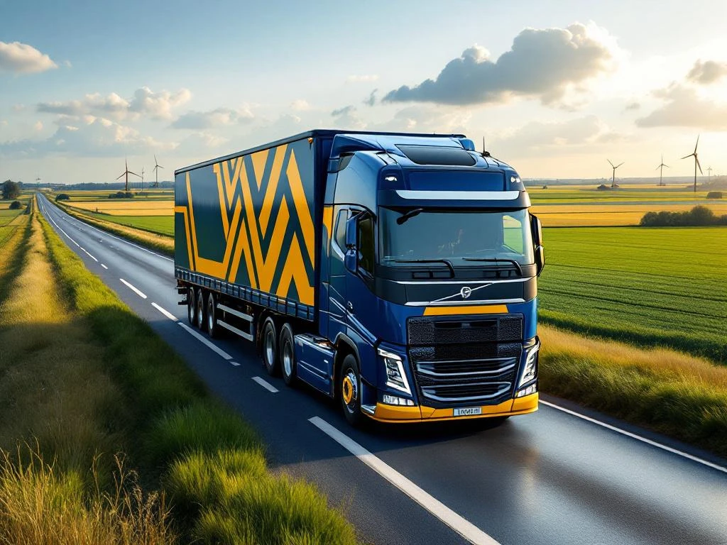 Grote vrachtwagen met marineblauw en geel geometrisch ontwerp rijdt over Nederlandse snelweg door vlak landschap