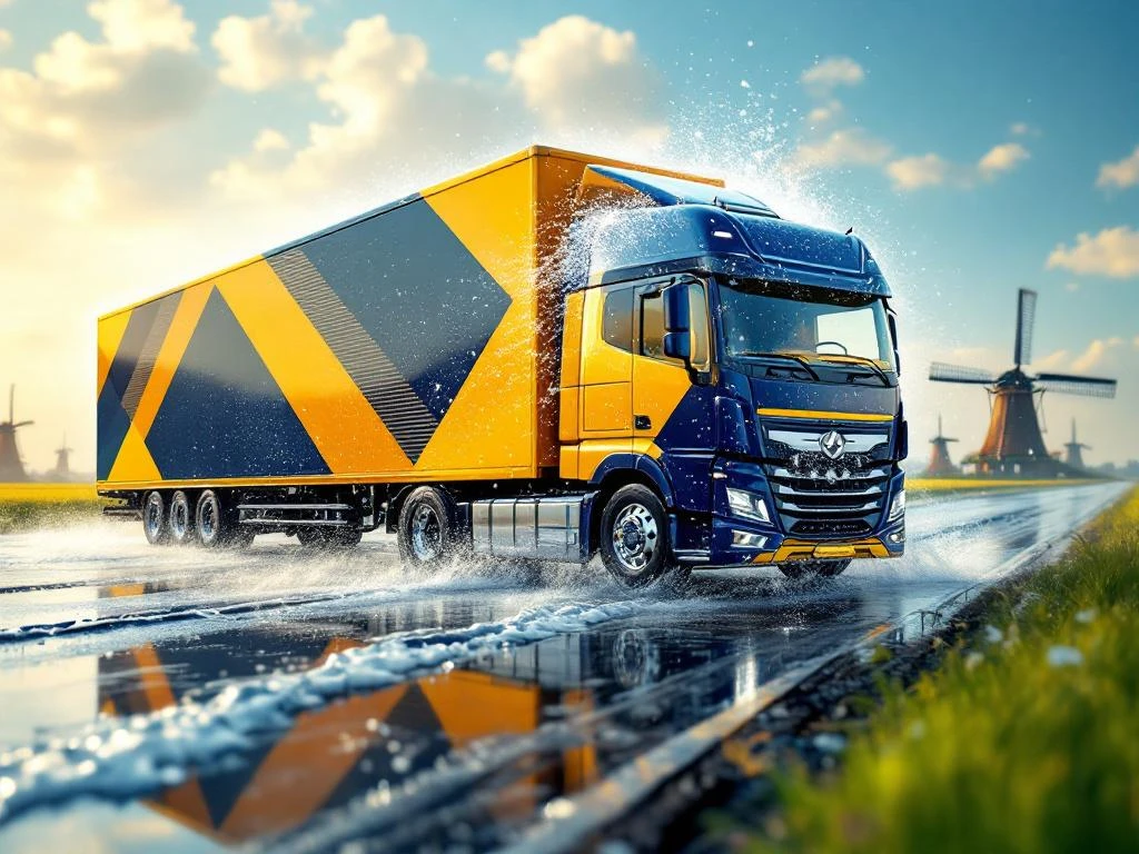 Schone vrachtwagen met marineblauw en gele trailer rijdt door Nederlandse landschap met windmolens en groene velden