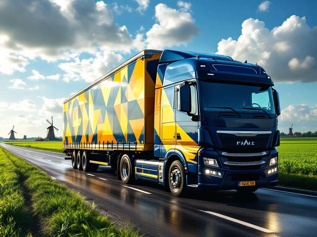 Schone vrachtwagen met marineblauw en goudgeel trailer rijdt door Nederlands landschap met windmolens en groene velden