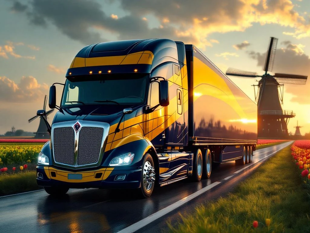 Glanzende vrachtwagen in marineblauw en goudgeel rijdt door Nederlands landschap met molens en groene velden