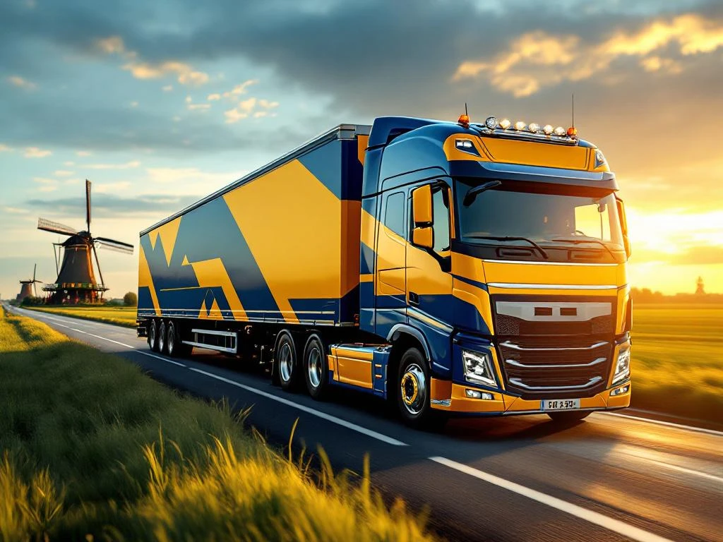 Schone vrachtwagen met marineblauw en geel trailer rijdt door Nederlands landschap met windmolens en groene velden