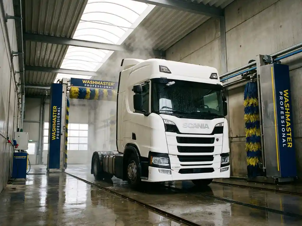 Schone witte vrachtwagencabine in moderne wasstraat met industriële apparatuur en zonlicht door dakramen