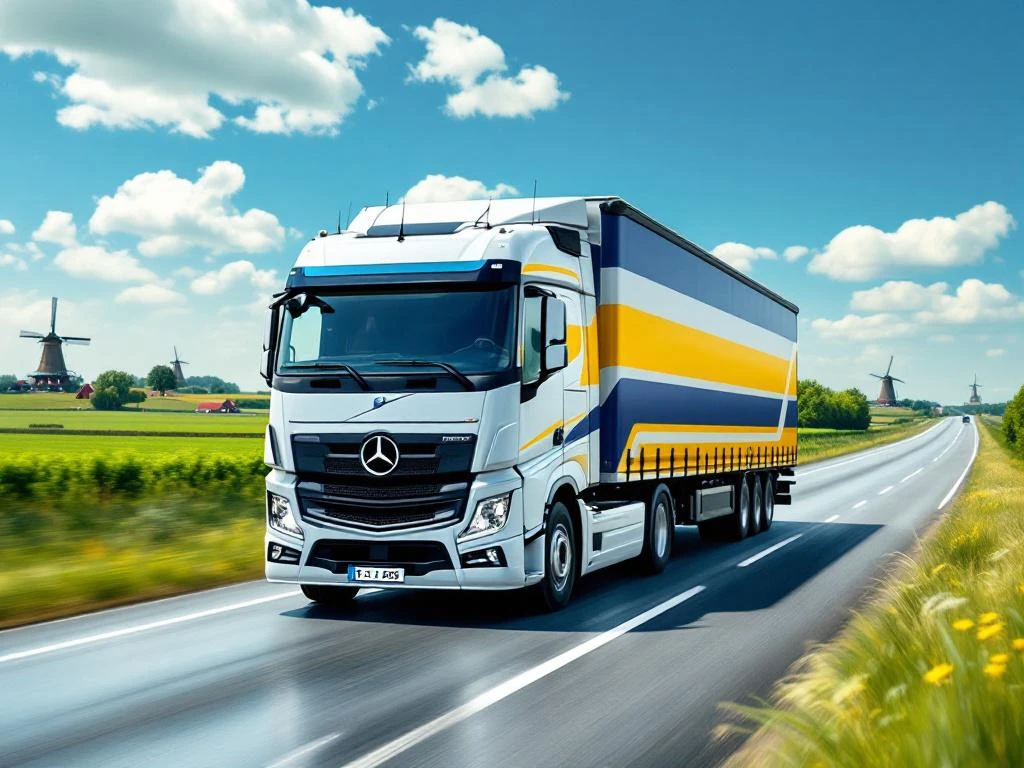 Schone witte vrachtwagen met geel-blauwe trailer rijdt over Nederlandse snelweg met windmolens en groene velden