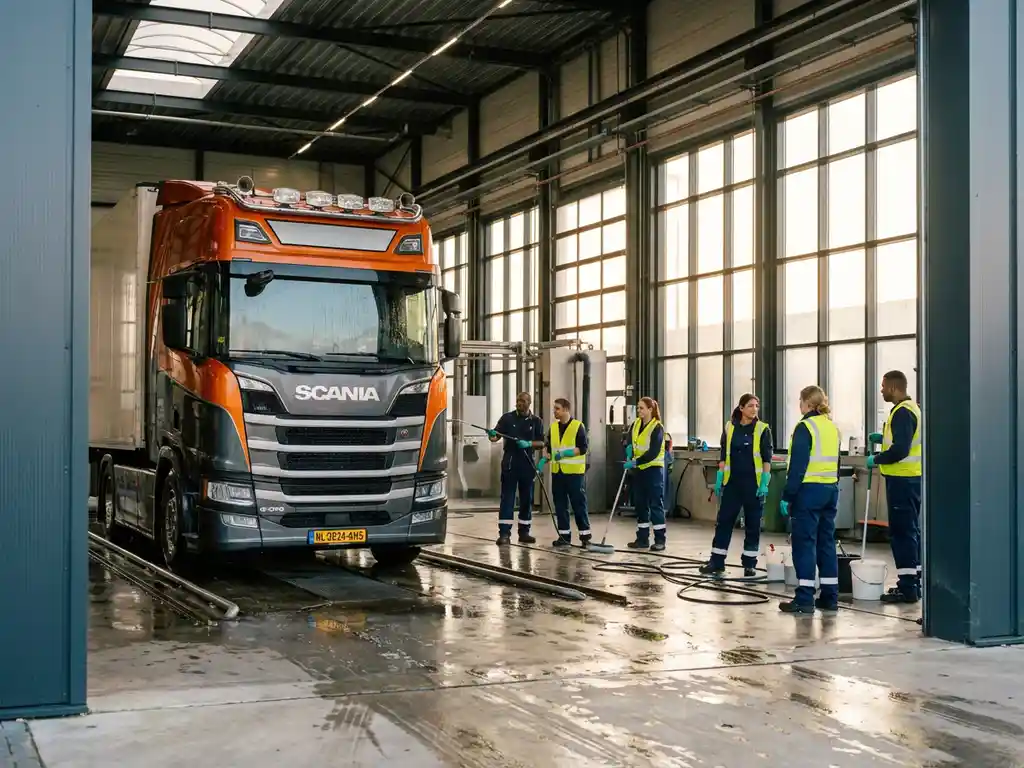 Grote Europese vrachtwagen in moderne wasstraat Amsterdam met diverse wasmedewerkers in uniform die uitrusting voorbereiden