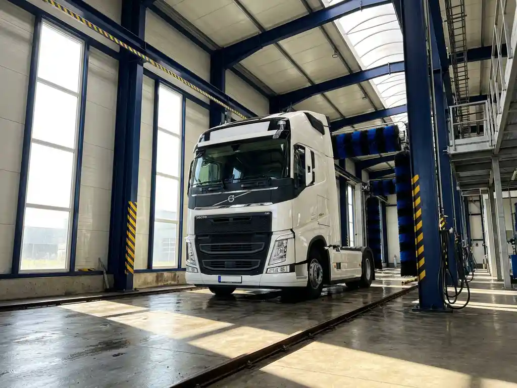 Witte Europese vrachtwagen in moderne wasstraat met blauwe staalconstructie en gele veiligheidsmarkeringen