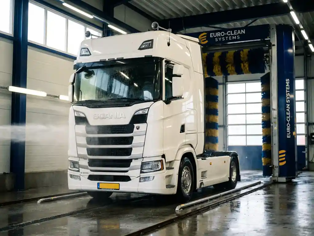 Witte vrachtwagen in moderne wasstraat met blauwe en gele apparatuur onder LED-verlichting