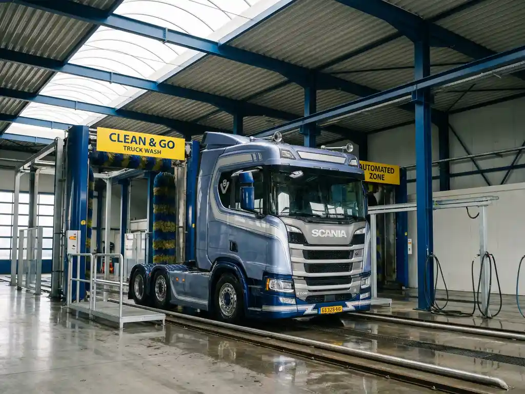 Grote Europese vrachtwagen in moderne wasstraat met industriële apparatuur en gele accenten onder daglicht