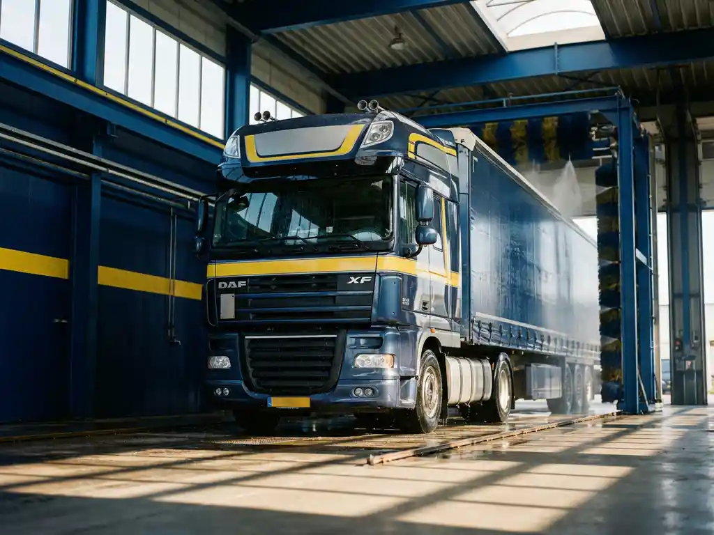 Grote Europese vrachtwagen in industriële wasstraat met waterdruppels, blauwe staalconstructie en natuurlijk licht