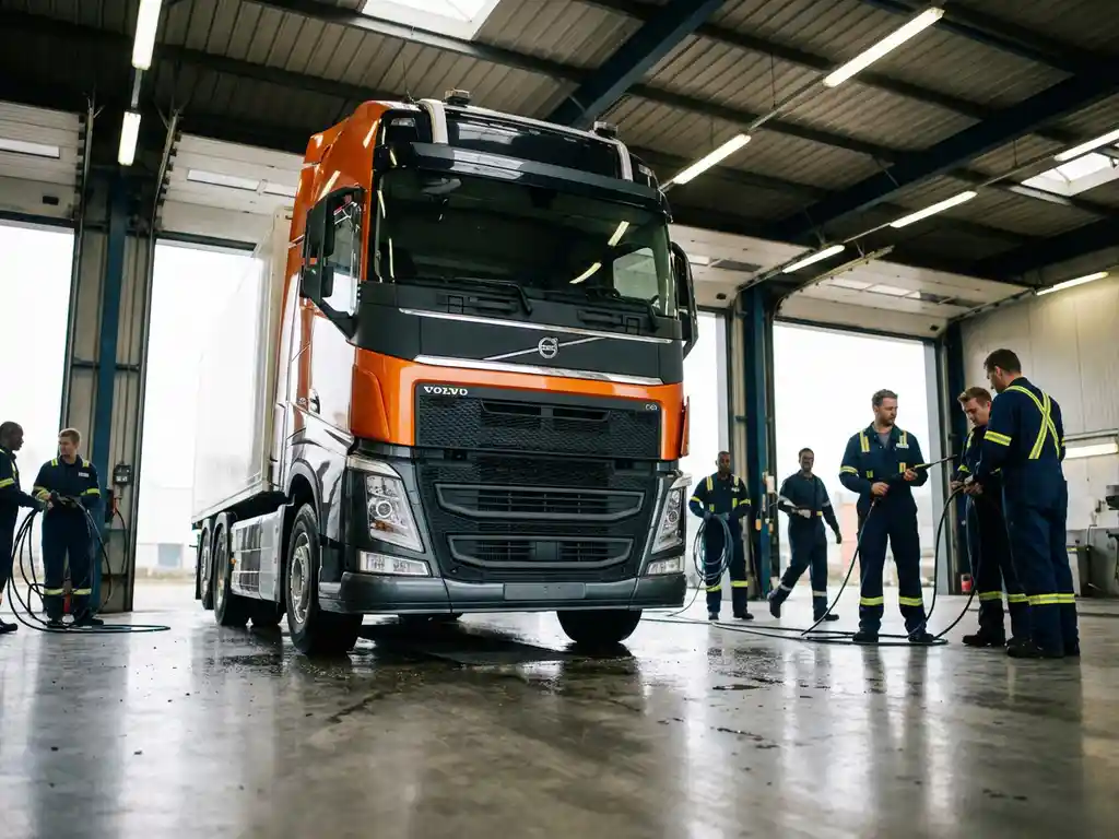 Moderne Europese vrachtwagen met oranje-zwarte cabine bij ingang van grote overdekte wasstraat met technici in uniform