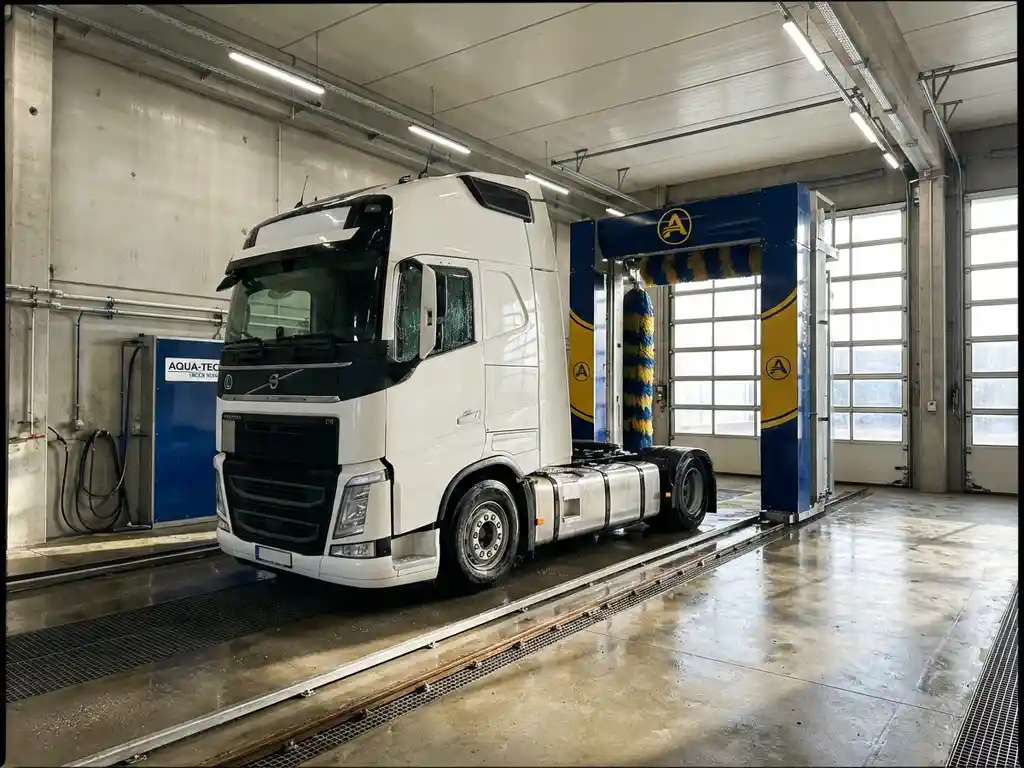 Witte Europese vrachtwagen in moderne wasstraat met industriële apparatuur en heldere verlichting