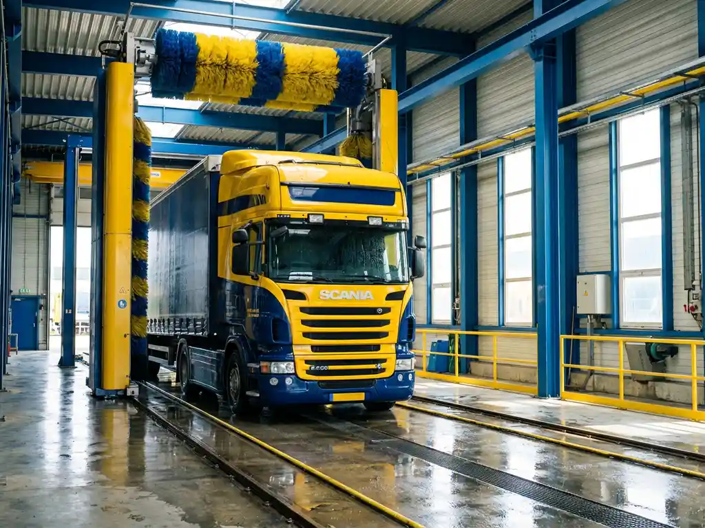 Grote Europese vrachtwagen in moderne wasstraat met industriële apparatuur en blauw stalen framework op de achtergrond