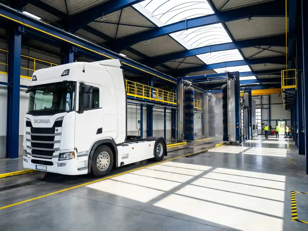 Witte Europese vrachtwagen in moderne wasstraat met blauwe staalconstructie en gele veiligheidsaccenten