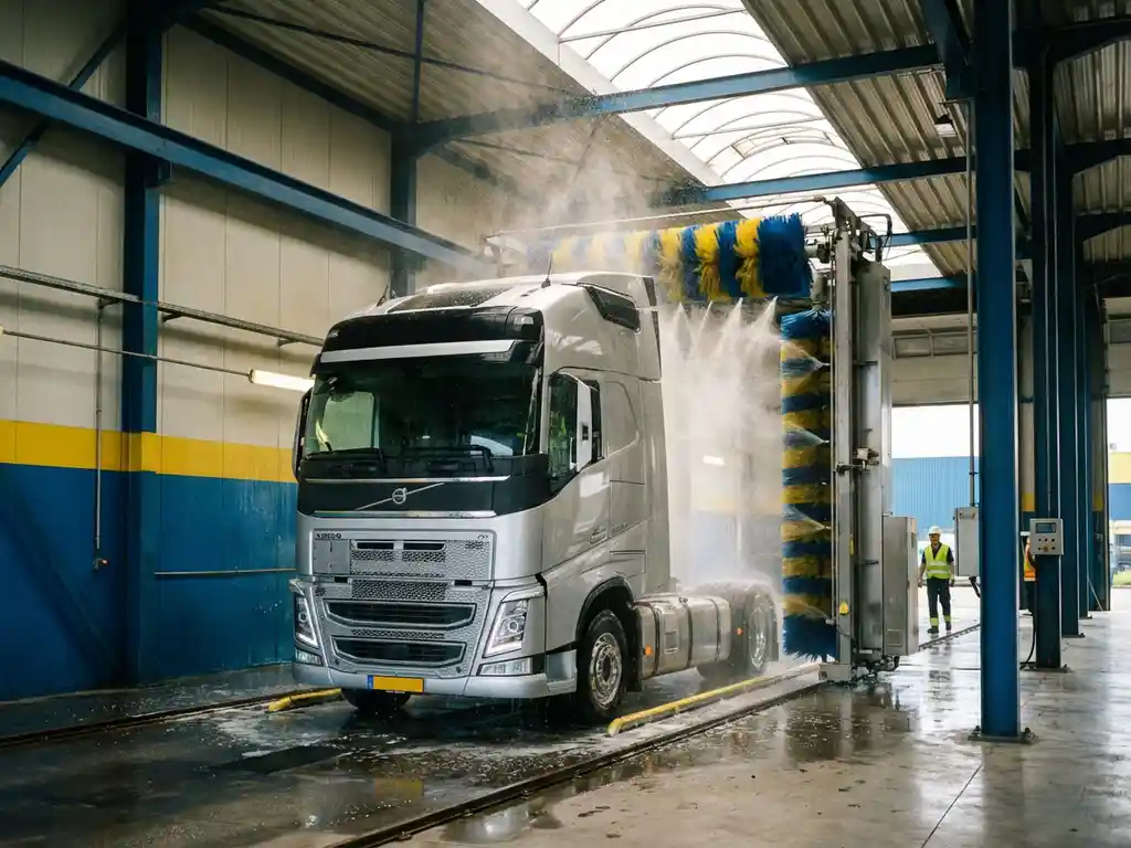 Europese vrachtwagen wordt gewassen in moderne wasstraat met roterende borstels en hogedrukspuiten