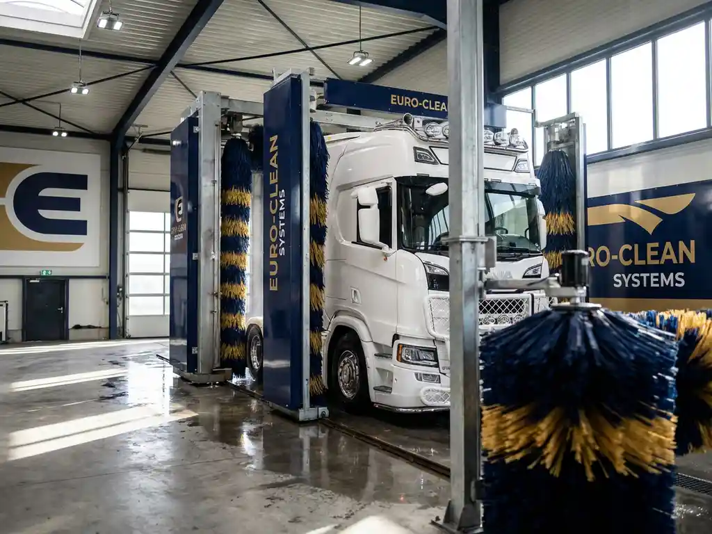 Witte Europese vrachtwagen in moderne wasstraat met industriële verlichting en gouden accenten